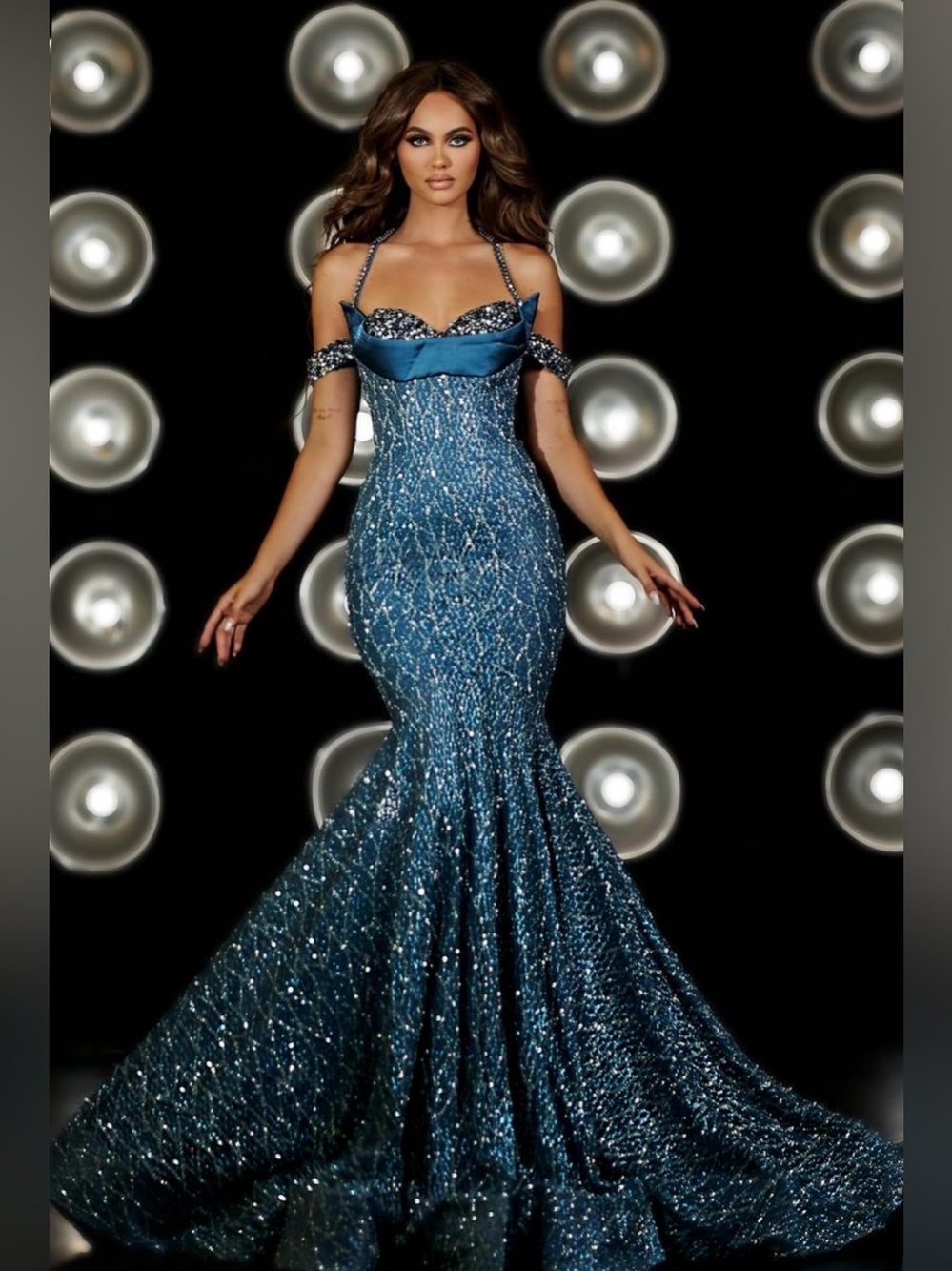 NWT Portia & Scarlett PS23055 Blue Sequin Mermaid Prom Dress Gown